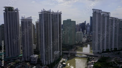 Pasig River and Rockwell Business Center in Makati, Metro Manila, Philippines. Drone Shot
 photo