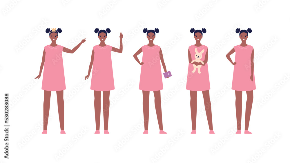 custom made wallpaper toronto digitalCharacter collection. Vector flat design people illustration set. Kid set of smiling african girl set standing with various gesture isolated. Toy, crown and text book accessories