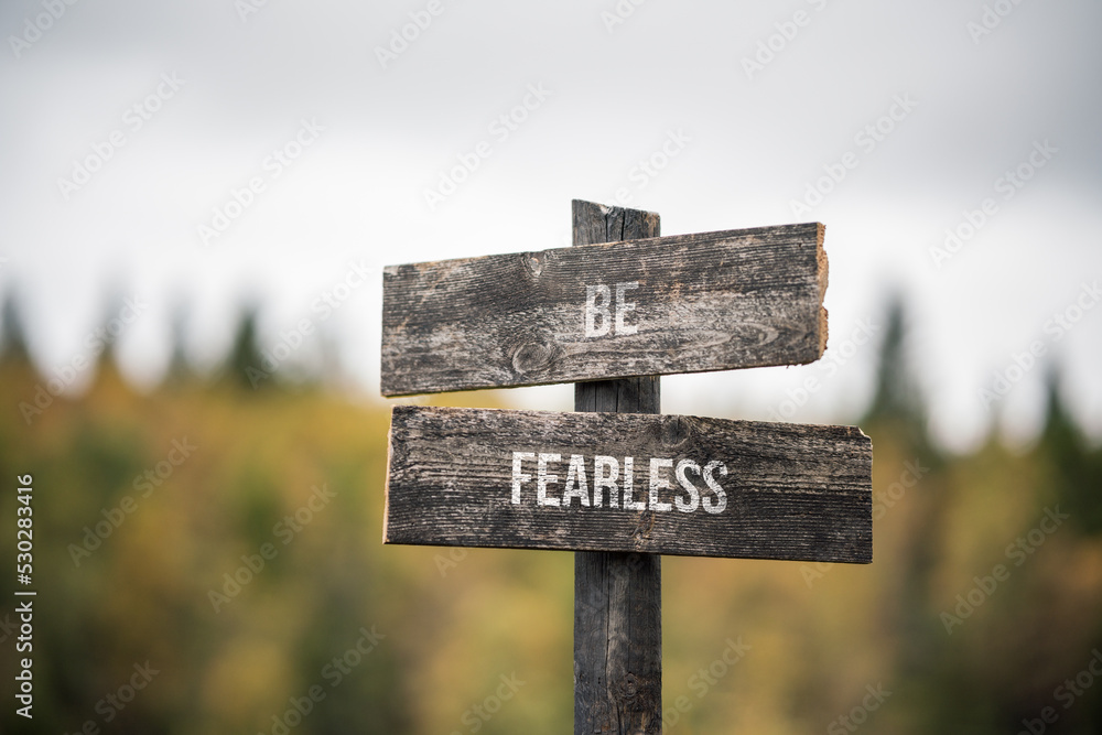 vintage and rustic wooden signpost with the weathered text quote be fearless, outdoors in nature. blurred out forest fall colors in the background.