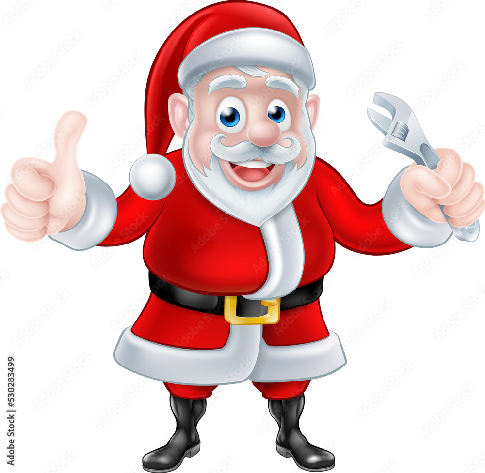 Cartoon Santa Thumbs Up and Holding Wrench Spanner Cartoon Santa Thumbs Up and Holding Wrench Spanner
