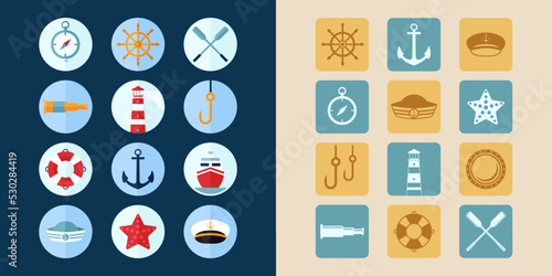 Modern flat color set of Nautical and Harbor theme. Marine port icon. Navy icons. Vector eps 10.