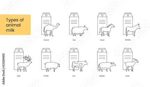 Types of animals milk vector linear icon, illustration of animals, cow and deer, horse and goat, buffalo, camel, yak, sheep.