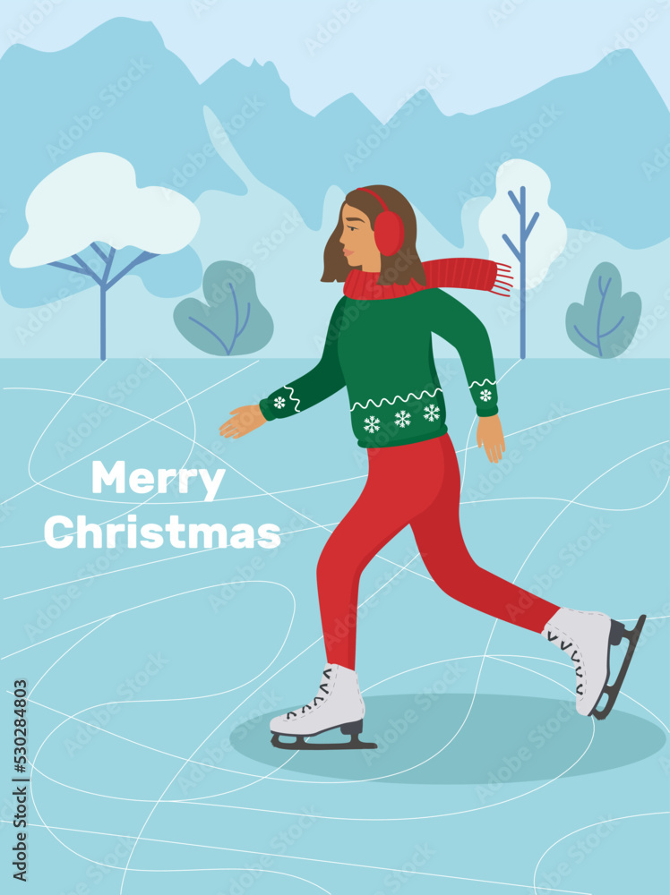 Chinese New Year 2023, year of the rabbit. A young girl in a New Year's sweater and a hat with headphones against the background of snowflakes is skating on the lake. Figure skating. Merry Christmas. Chinese New Year 2023, year of the rabbit. A young girl in a New Year's sweater and a hat with headphones against the background of snowflakes is skating on the lake. Figure skating. Merry Christmas.