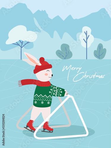 Chinese New Year 2023, year of the rabbit. a cute rabbit in a New Year's sweater and a hat with headphones on the background of snowflakes learn to skate on the lake. Figure skating. Merry Christmas. photo