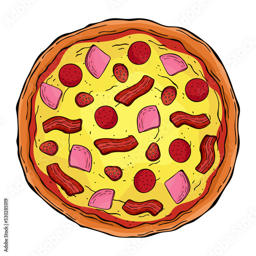 Line art colorful meat lover's pizza isolated on white background