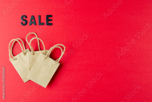 Composition of sale text and paper shopping bags with copy space on pink background