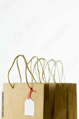 Composition of gift tag and paper shopping bags on white background