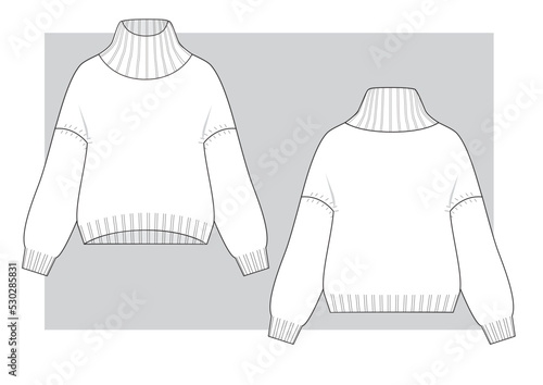 Short and wide sweater with a turtle neck and a large knit. Technical scketch.