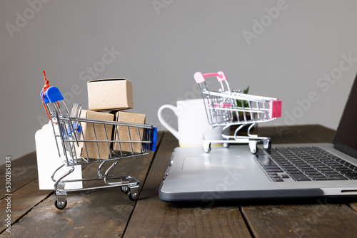 Composition of shopping carts with boxes and laptop on gray background