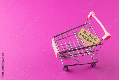 Composition of shopping cart with black friday text on pink background