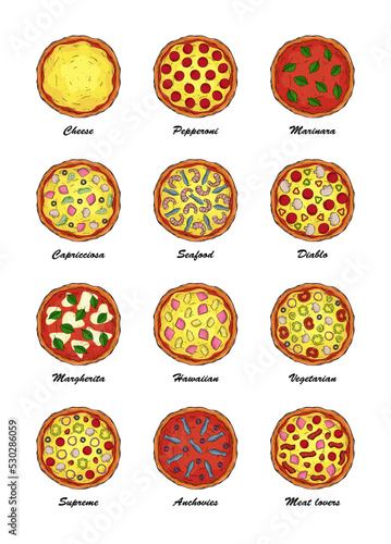 Set of line art colorful pizza isolated on white background. Menu pizza