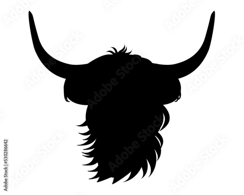 Portrait of Highland cattle, cow. Cute head Silhouette of Scottish cattle. Design element for logo, poster, card, banner, emblem, t shirt. Vector illustration.