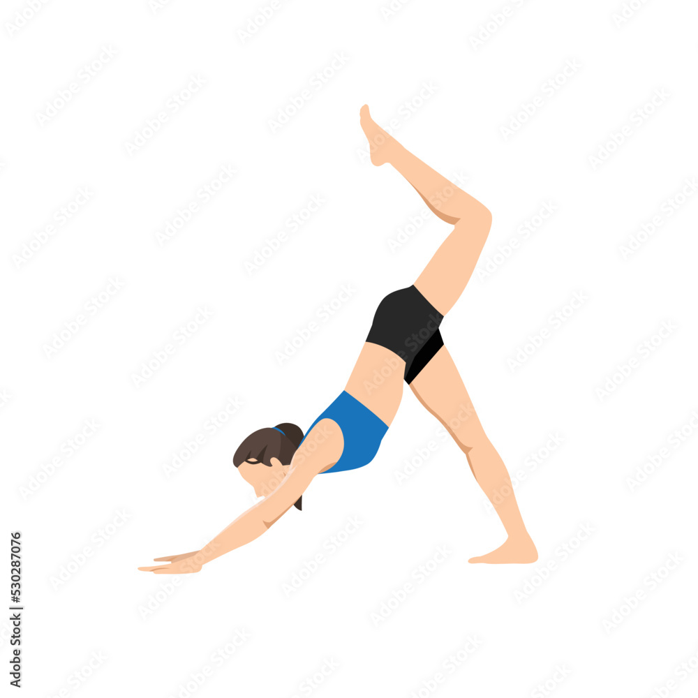 Woman doing Three Legged Downward Facing Dog Pose Scorpion Leg. Practice Tri Pada Adho Mukha Svanasana Vrschikasana Pada
