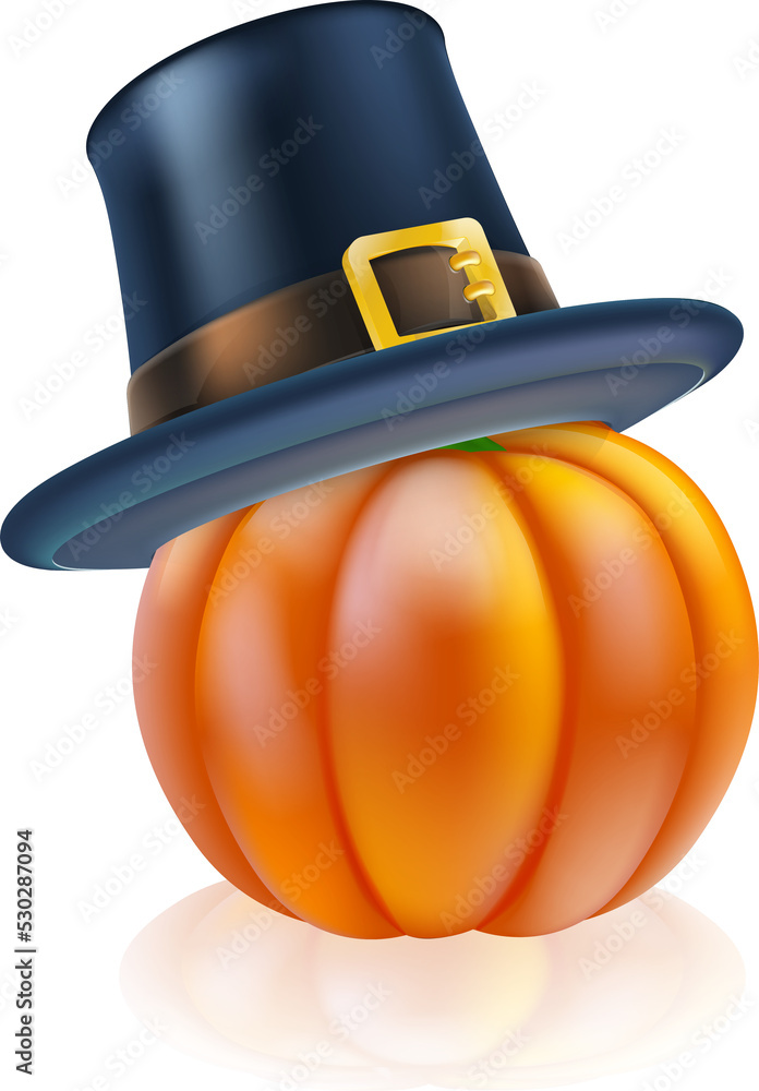 Thanksgiving pumpkin with pilgrim hat - obrazy, fototapety, plakaty 