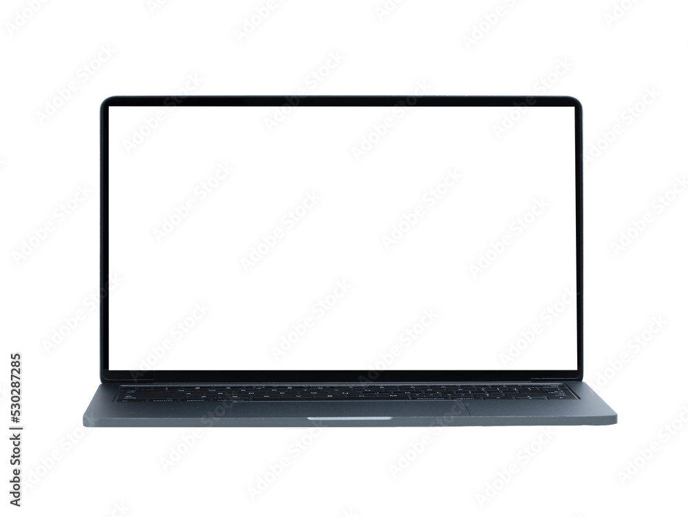 Gray laptop with blank screen on a white background on table - obrazy, fototapety, plakaty 