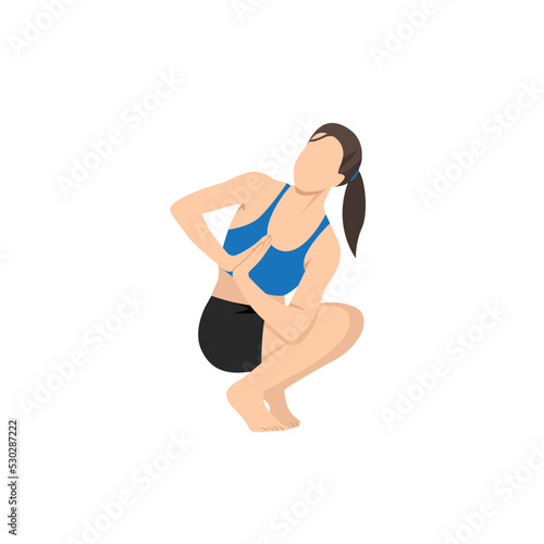Woman doing Twisted Toestand Squat Pose. Beautiful girl practice Twisted Toestand Squat. Flat vector illustration isolated on white background