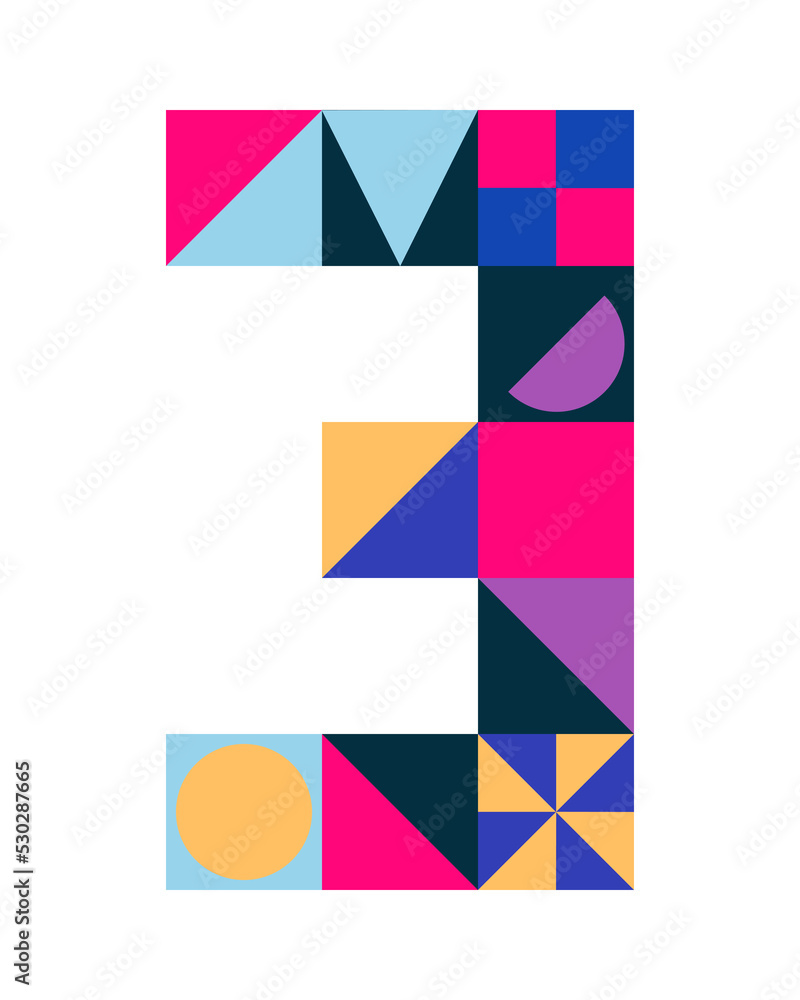 Obraz premium Number 3 from multicolored geometric shapes, cubes isolated on white. Neo geo