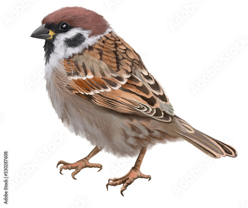 Digital set with cute sparrow bird. With transparent layer.