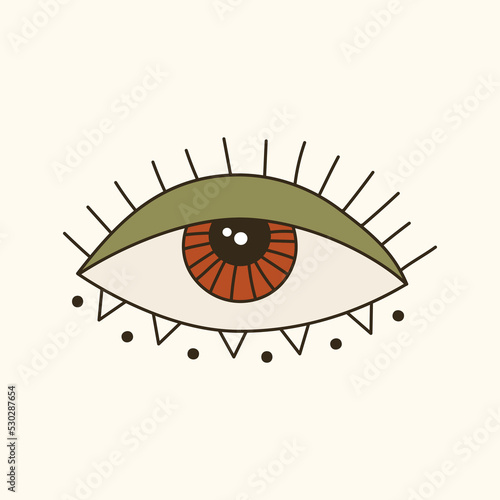 Vector 70s psychedelic eye of providence with abstract symbols. Retro groovy element for design and print. Cartoon hippy sticker. Vintage boho illustration