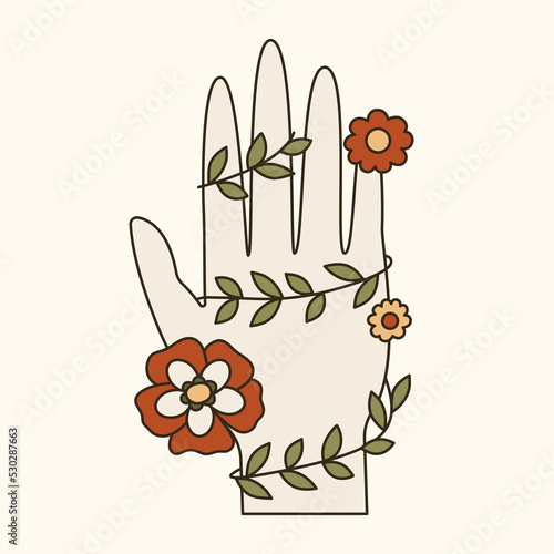 Vintage bohemian hand with flowers and bindweed. 60s and 70s vibes psychedelic vector clipart. Cartoon future prediction symbol. Boho illustration of providence sign. Abstract trippy art