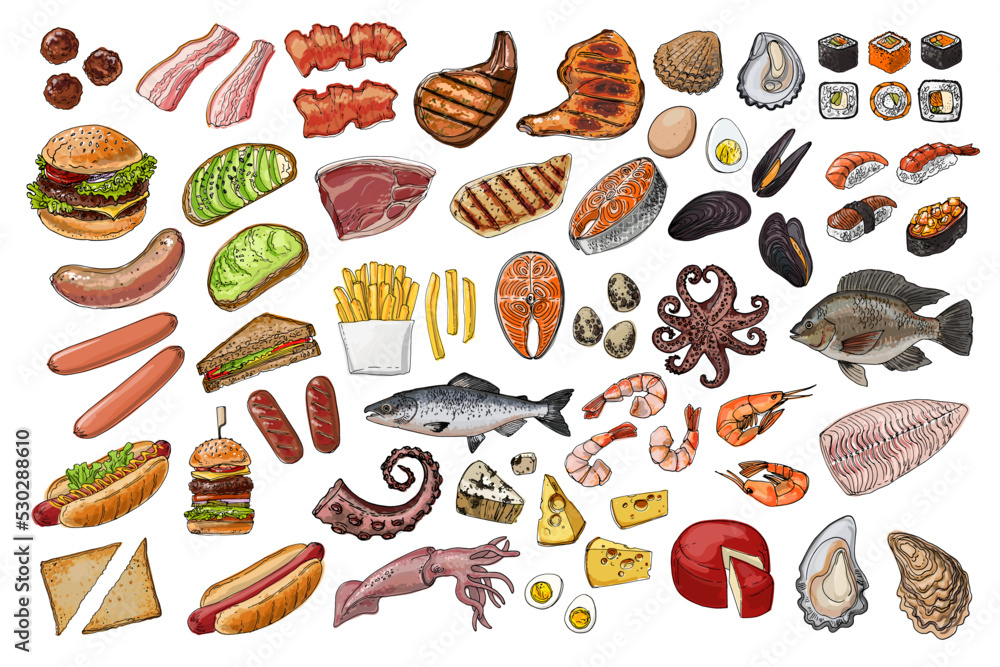 Food vector sea food fast street. Unhealthy food. Fries, pastries, hot dog, bacon, meat, french fries