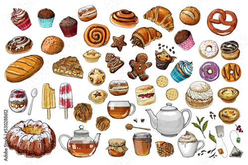 Food vector icons color sketch. Pastries, buns, tea and coffee, sweets and donuts