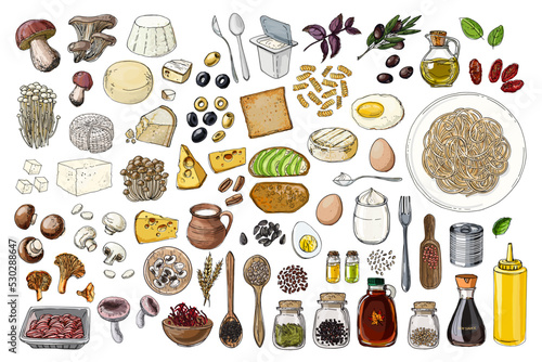 Food vector icons color sketch. Dishes, pasta, food, cheese, mushrooms, dairy products, spices and sauces