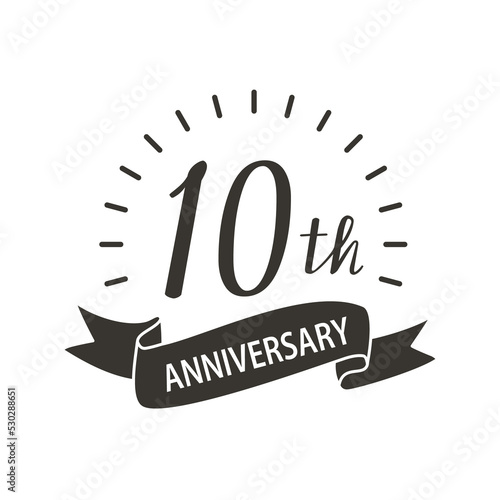 10th anniversary, logo design template with black ribbon and decoration line.