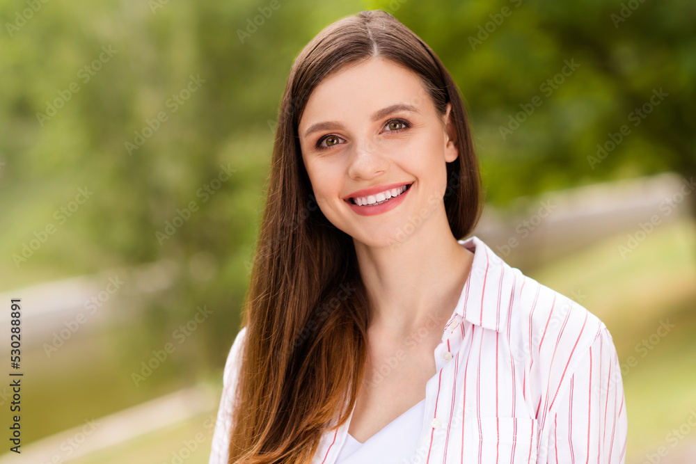 Photo of sweet adorable mom wear casual outfit smiling enjoying spring season walk outside garden