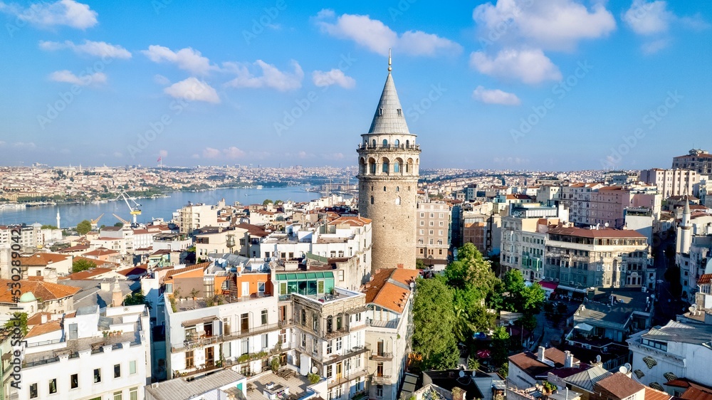 Galata Tower in Istanbul, Turkey. Aerial view of the sights of Istanbul. The European part of Istanbul.