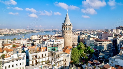 Galata Tower in Istanbul, Turkey. Aerial view of the sights of Istanbul. The European part of Istanbul.