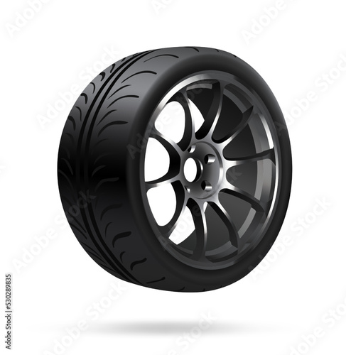 Vector illustration, car wheel, steering wheel realistic 3d icon