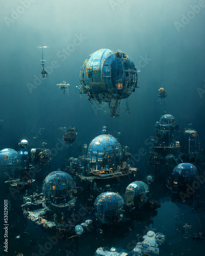 Science Fiction Futuristic Underwater Base 3D Art Abstract Vertical Illustration. Sea Abyss Exploration Sci-Fi Background. CG Digital Painting AI Neural Network Generated Art Fantastic Wallpaper
