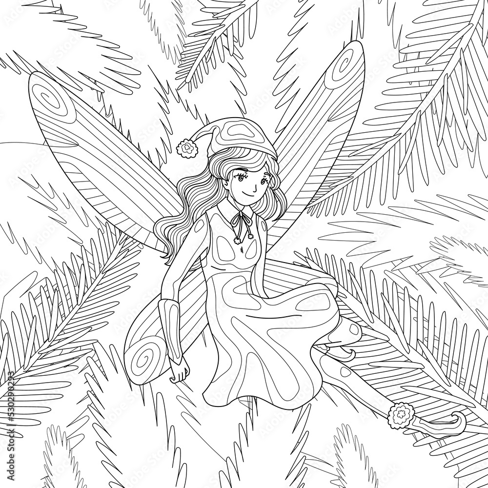 Fairy fly near Christmas tree. Magic winter illustration. Coloring book page for adult with doodle and zentangle elements. Vector hand drawn isolated.