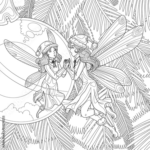 Christmas fairy kook at toy ball on tree. Fairytale vector illustration. Coloring book page for adult with doodle and zentangle elements. photo