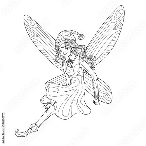 Magic fairy in Christmas clothes fly. Coloring book page for adult with doodle and zentangle elements. Vector hand drawn isolated.