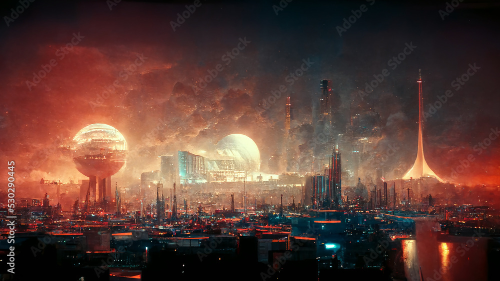 Science Fiction Atomic Power City Skyline Panoramic Digital 3d Art