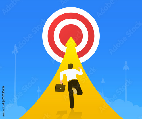A businessman with a diplomat runs along the arrow to the target against the background of rockets taking off.