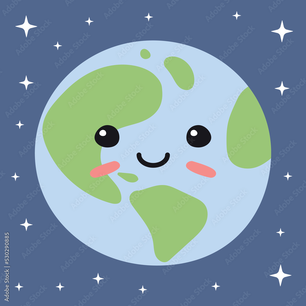 Vector flat hand drawn earth planet with face isolated on sky background Vector flat hand drawn earth planet with face isolated on sky background