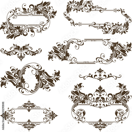 Vintage design lace borders monogram logo and corners Vector set art deco floral ornaments elements