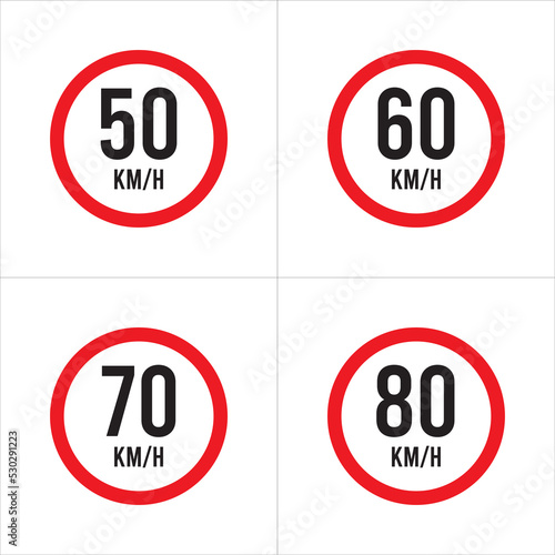 Isolated Road Maximum Speed limit sign 50 kmh, 60, 70, 80 Kmh, sign icon on white background vector illustration.