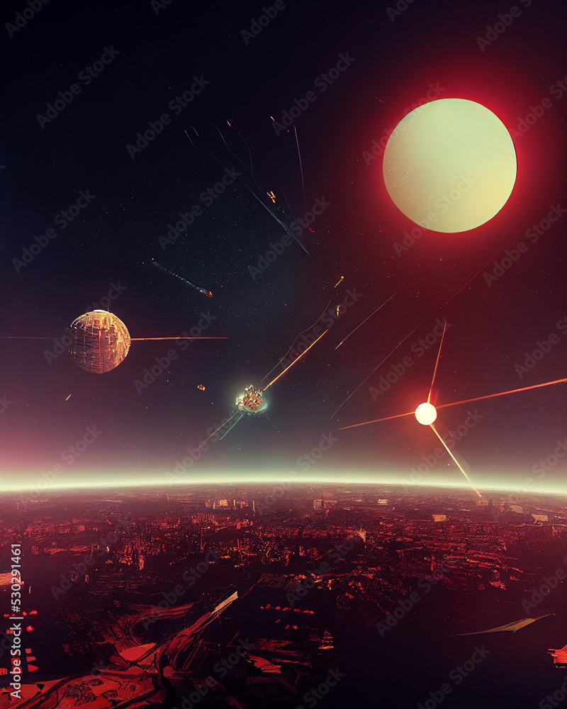 Sci-Fi Space War Scene above Alien Planet Surface 3D Art Illustration ...