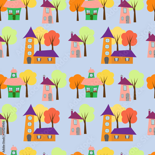 Fototapeta Naklejka Na Ścianę i Meble -  Multicolored houses - seamless pattern. Vector illustration. For stationery, websites and web pages, websites, prints, textiles and clothing, childrens products, home interiors.