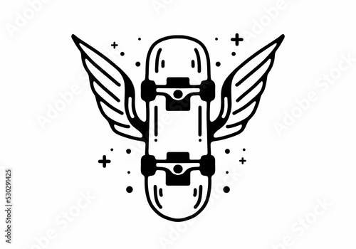 Skate board with wings Black and white line art mono line tattoo