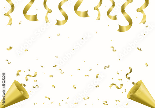 Realistic golden confetti background with gold firecracker and ribbons