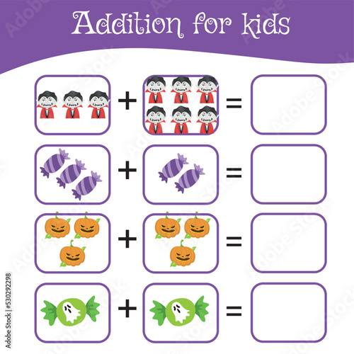 Mathematic worksheet for preschool children. Educational counting game with Halloween theme. This worksheet is suitable for educating the early age children on how to count well. Fun activity for kids