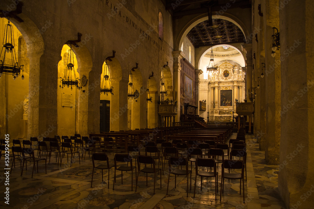 Internal naves of the cathedral of Syracuse, officially the Metropolitan Cathedral of the Nativity of the Holy Mary, on the island of Ortigia. It is the most important church.