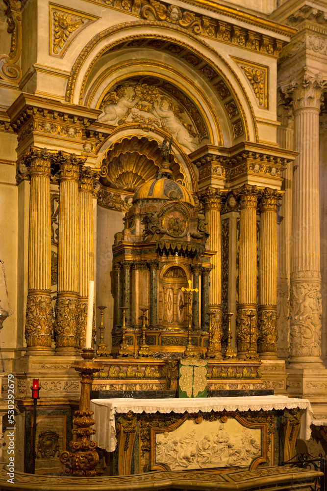 Closeup of a chapel of the cathedral of Syracuse, officially the Metropolitan Cathedral of the Nativity of the Holy Mary, on the island of Ortigia. It is the most important church.