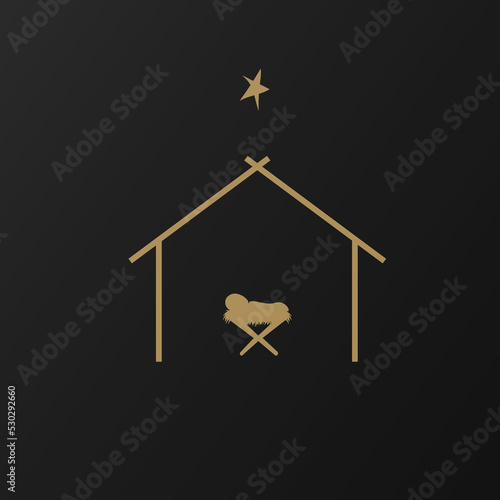 Christmas scene of baby Jesus in a manger in silhouette, Christian Christmas star with the text Birth of Christ, vector banner