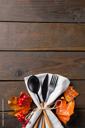 Overhead view of cutlery, rustic string napkin with autumn leaves, copy space on wooden background